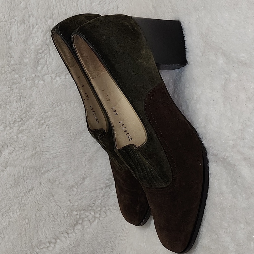 SalvatoreFerragamo Albia Vintage Chocolate Brown Green Suede Heel Loafers Sz8.5 - Picture 16 of 16
